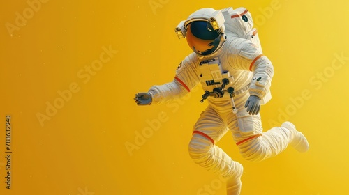 a human wearing an astronaut suit and helm and equipment floating and jumping on a bright yellow studio background photo