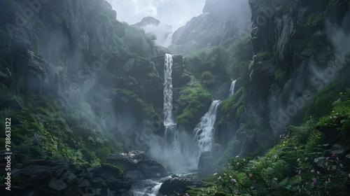 A majestic waterfall cascading down rugged cliffs, its roaring waters surrounded by vibrant greenery and mist-kissed rocks. 8k, realistic, full ultra HD, high resolution, and cinematic photo