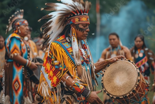 Indians native american ceremony, traditional music, sacred dance, richly decorated costumes. photo