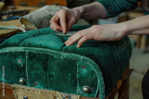 Restoring old chair with green velvet upholstery. Woman working.