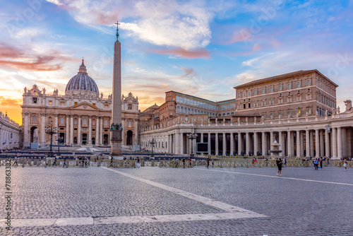 St. Peter's basilica and Apostolic palace on St. Peter's square in Vatican at sunset, center of Rome, Italy