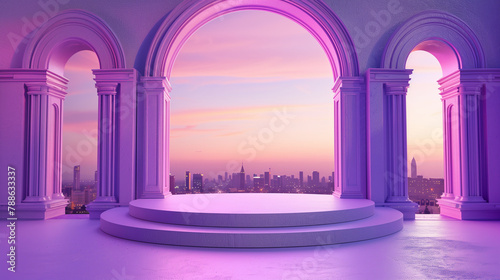 Neoclassical Balcony Overlooking Urban Skyline at Sunset with Empty Podium for product presentation. Generative AI