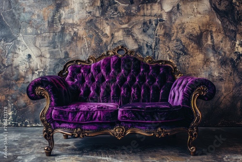 Plush purple velvet loveseat settee with antique style telephone against a textured background photo
