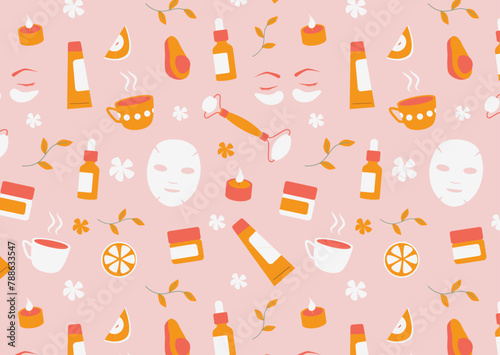 Home spa and wellness seamless pattern on light pink background. Orange red design for beauty salon wallpaper, relaxation brochure, self-care products packaging. Therapy and skincare concept. 