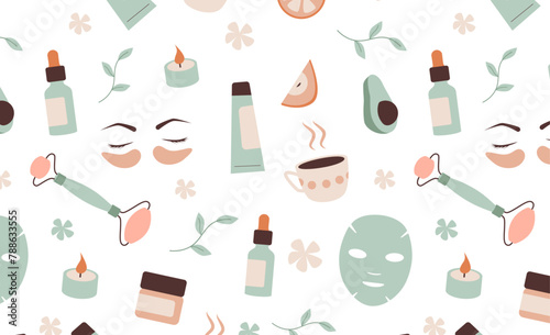Home spa and wellness seamless pattern on white background. Design for beauty salon wallpaper, relaxation brochure, self-care products packaging. Holistic therapy and skincare concept. 