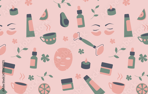 Home spa and wellness seamless pattern on pink background. Design for beauty salon wallpaper, relaxation brochure, self-care products packaging. Holistic therapy and skincare concept. 