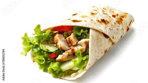 Fresh Chicken Wrap on White Background. Quick Healthy Meal Concept. Grilled Chicken and Fresh Vegetables Wrapped in Flatbread. Culinary Studio Shot. AI
