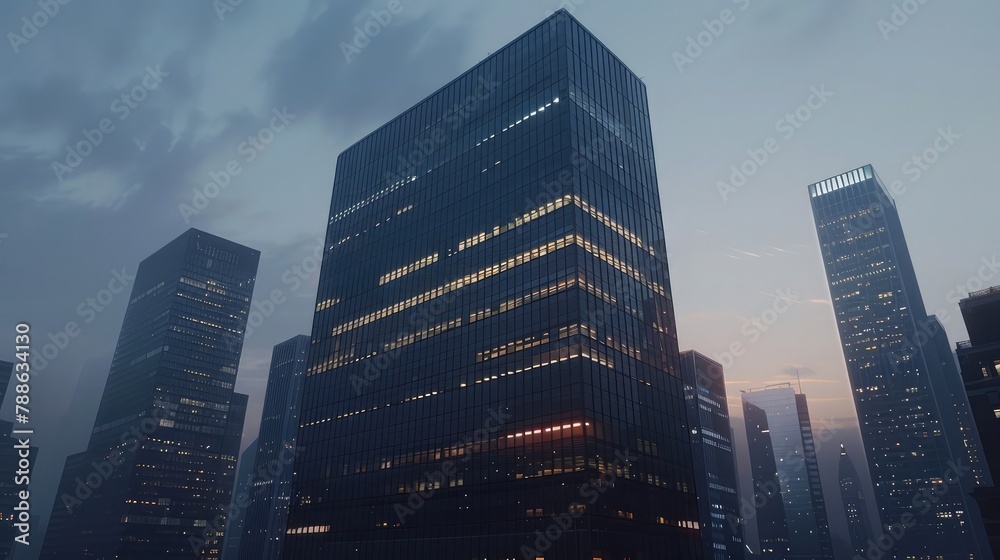 A sleek, high-rise office tower soaring above the city skyline, housing corporate headquarters and prestigious firms, with modern amenities and panoramic views that reflect the success 