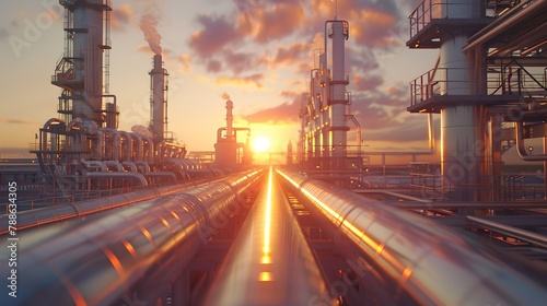 Industrial Sunset: Gleaming pipelines at a refinery with towering distillation columns. Modern energy production meets golden hour beauty. Perfect for technology and industry themes. AI photo