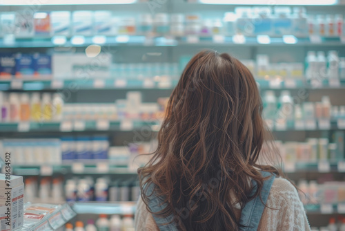 A woman is looking at a pharmacy shelf
