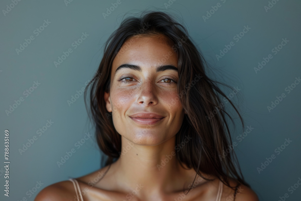 A close up of a woman 's face with her hair blowing in the wind A close up of a woman 's face with her hair blowing in the wind