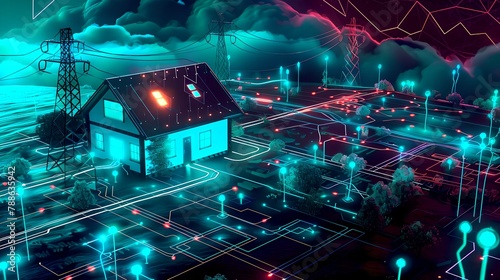 Futuristic Smart City with Connected Network Nodes and Digital Elements. Energy-efficient Housing Concept with Technology Integration. AI