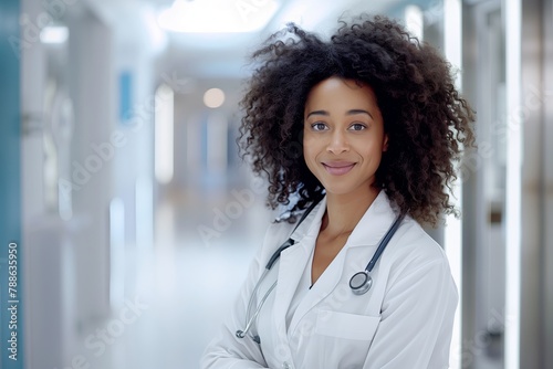 A confident, friendly female doctor, with an afro, wearing a blue uniform, works as a healthcare