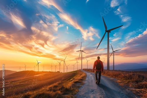 Wind Turbines at Sunset in Photo-realistic Landscape, To convey the beauty and power of renewable energy in a stunning and captivating way