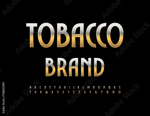 Vector premium logo Tobacco Brand. Elegant metallic Font. Golden Alphabet Letters and Numbers set.