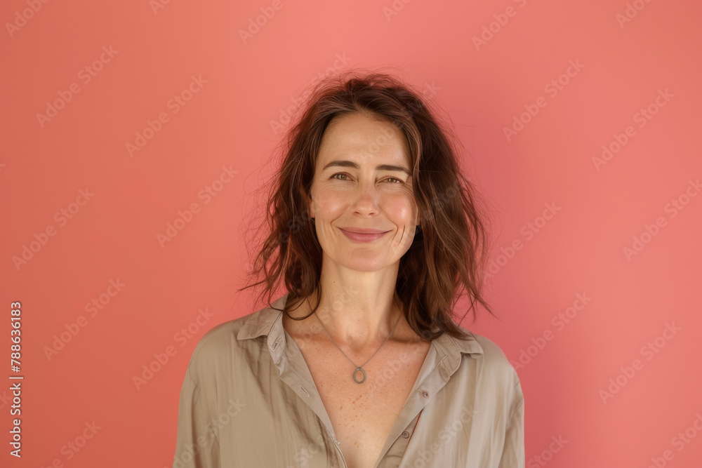 A woman wearing a necklace is smiling in front of a pink background A woman wearing a necklace is smiling in front of a pink background