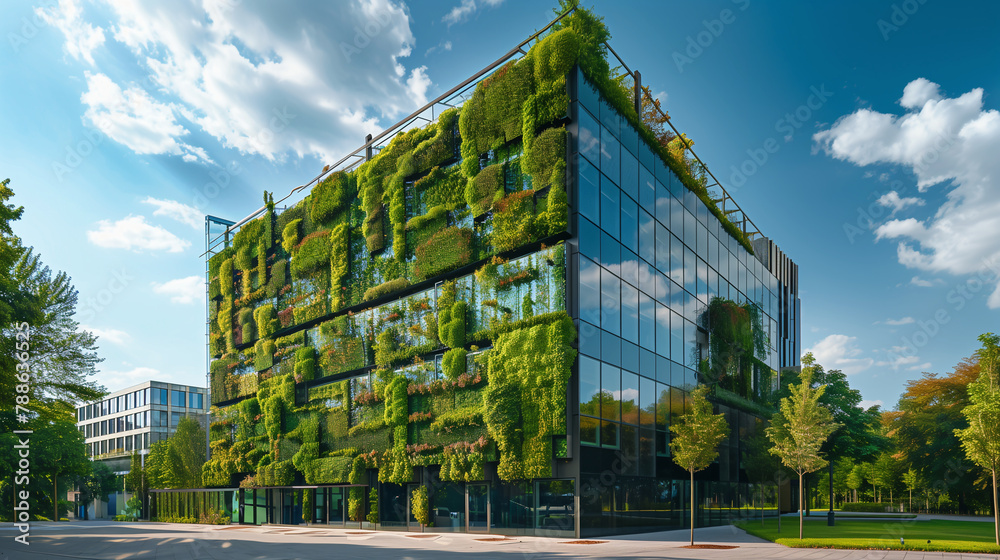 Modern Sustainable Architecture with Vertical Garden Facade. Generative AI