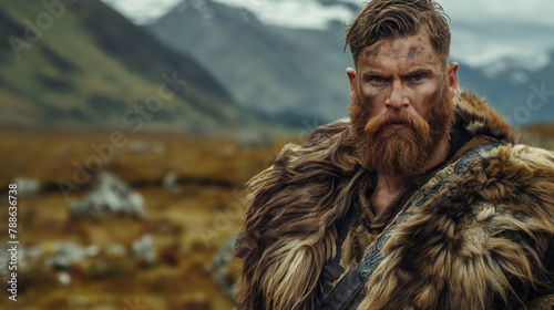 Rugged highlander with a thick beard stands in wild mountainous terrain, exuding strength and resilience.