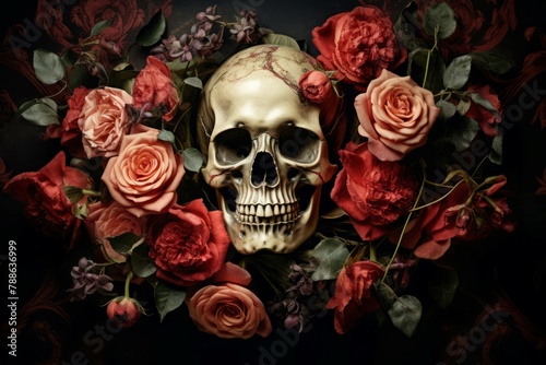 Captivating Skull roses paint life. Art spring. Generate Ai