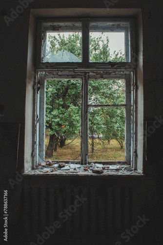 Broken window, fragments, old window, abandoned building, abandoned room, gloomy, scary, Ukraine, glass