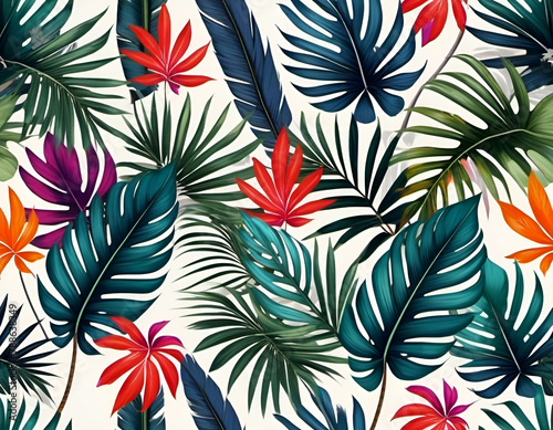 Seamless pattern background with tropical plants and leaves