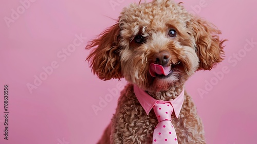 adorable caniche dog licking his mouth repeatedly wearing a pink tie with dots looking to side photo