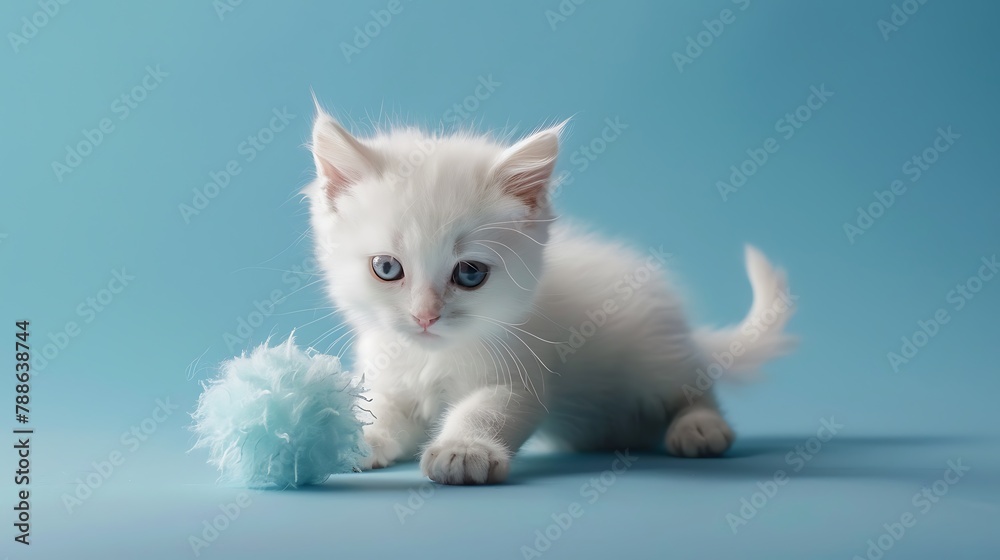 Adorable white kitten playing with a fuzzy ball shot on a blue background