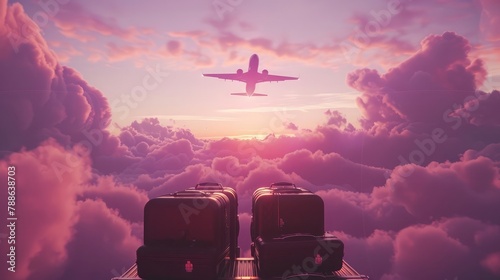An airplane takes to the skies, soaring above neatly arranged suitcases under a dreamy pastel purple sky, evoking the allure of travel.
