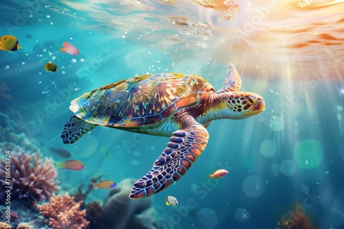 Graceful Journey: A Serene Sea Turtle Glides Through the Vibrant Ecosystem of a Tropical Coral Reef, Generative AI © Ben