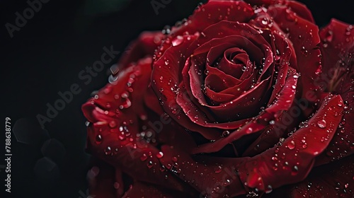 Capture a stunning close up of a deep red rose adorned with glistening droplets set against a striking black backdrop Perfect for creating a heartfelt Mother s Day greeting card or a captiv
