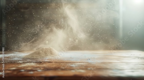 An empty shelf mockup with haze over a wooden board with dust effect. Modern realistic illustration of flour floating in air above a brown wood table. photo