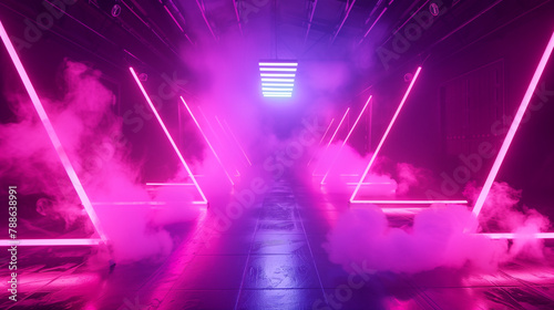 Futuristic  pink neon lights and smoke on stage at night. Empty copy space.  Generative AI © Катерина Нагірна