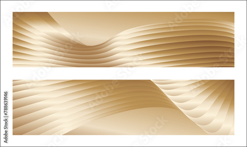 Wavy golden parallel gradient lines, ribbons, silk. Golden with shades of yellow background, banner, poster. Set of 2 backgrounds. Eps vector