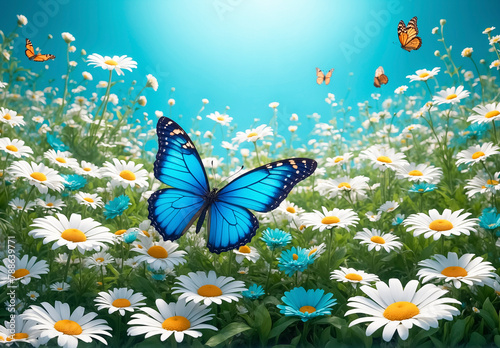 blue butterfly flies over a daisy field
