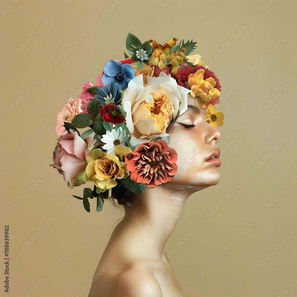 Floral portraits displaying women with flowers integrated into their attire or hair, symbolizing natural beauty and femininity. - obrazy, fototapety, plakaty 