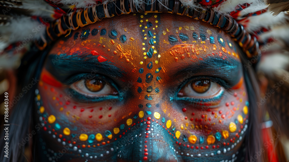 Indigenous person with intricate facial paint and feathered headdress Indigenous person with intricate facial paint and feathered headdress