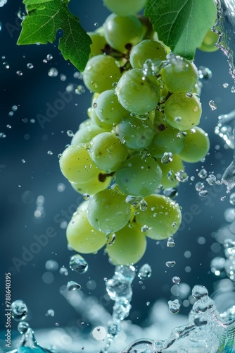 A cluster of ripe green grapes is suspended against a cool blue backdrop, with vibrant splashes of water droplets creating a dynamic and refreshing scene. The glistening surfaces of the grapes and 