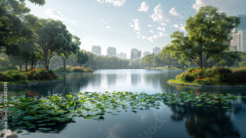 Lake With Trees and Water Lilies Painting