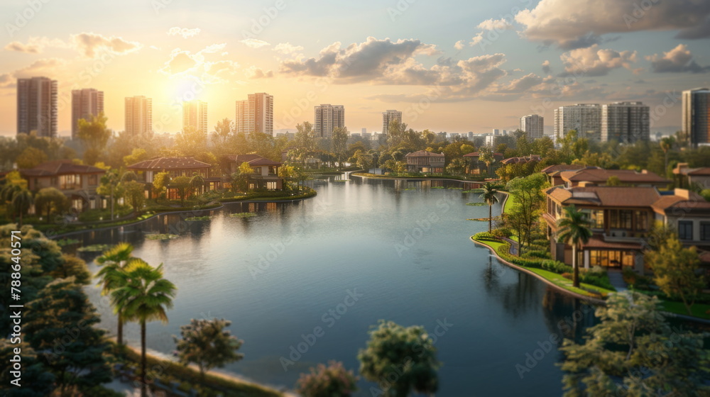 Naklejka premium Urban Waterfront With Tall Buildings