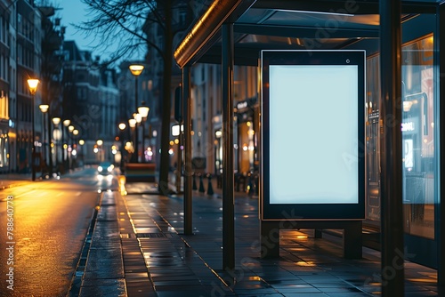 Blank mockup of an advertisement on a bus stop in the city photo