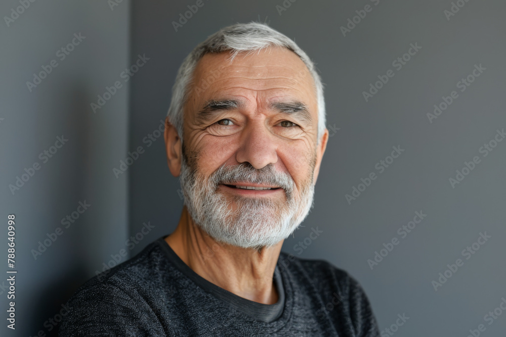 A man with gray hair and a beard smiles for the camera A man with gray hair and a beard smiles for the camera