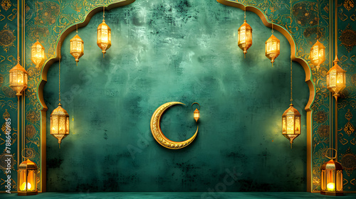 islamic banner background with crescent, lantern and gate in green and gold color. vector illustration, 3D render