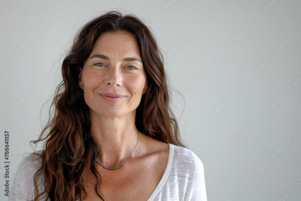 A woman wearing a white shirt and a necklace smiles for the camera A woman wearing a white shirt and a necklace smiles for the camera
