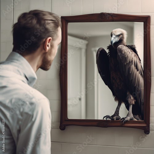 Mężczyzna widzi sępa w lustrze