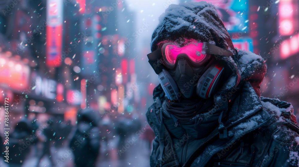 Cyberpunk peoplegas mask with glasses on night street in futuristic city . Cyberpunk peoplegas mask with glasses on night street in futuristic city .