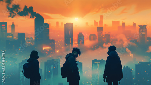 Futuristic city have air pollution , people wearing mask because of bad air .