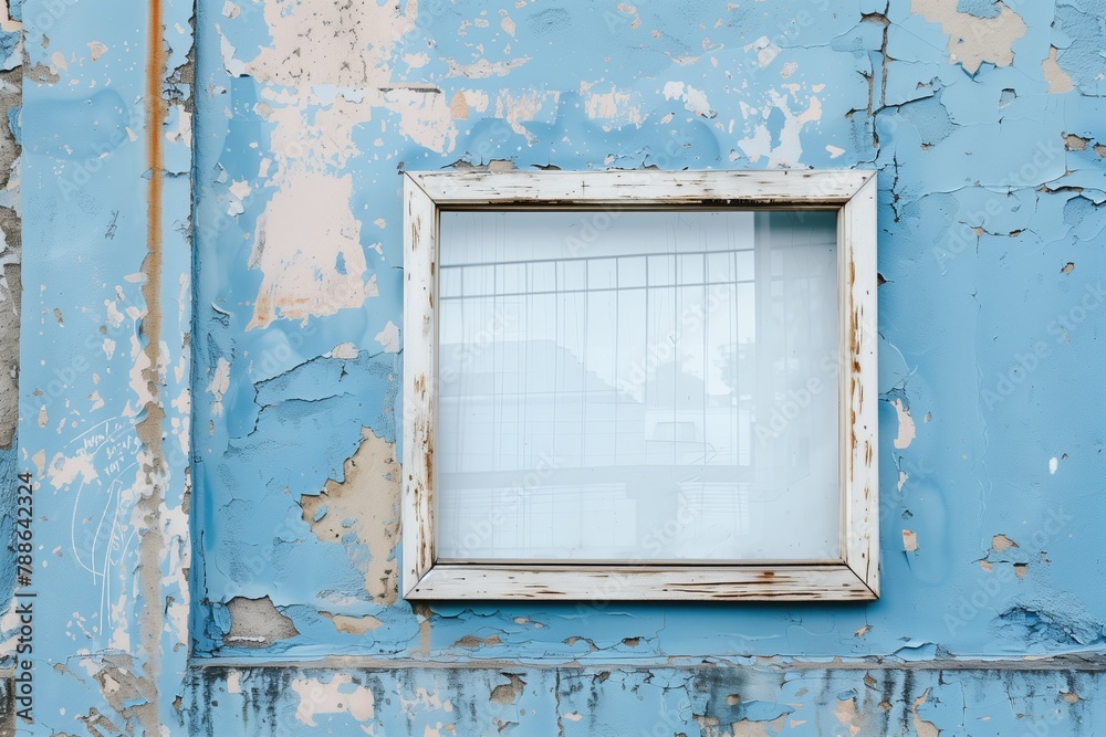 A white window in a blue wall with chipped paint