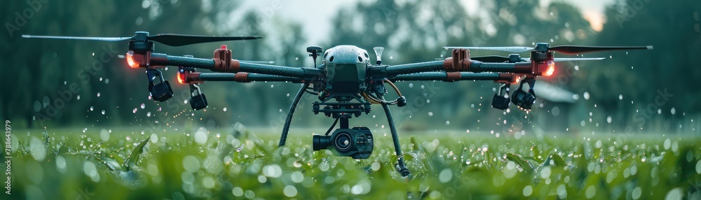 A close view of a high-tech drone equipped with cameras and sprayers for pest management, parked in a farm setting ready for deployment A close view of a high-tech drone equipped with cameras and sprayers for pest management, parked in a farm setting ready for deployment