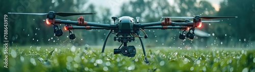 A close view of a high-tech drone equipped with cameras and sprayers for pest management, parked in a farm setting ready for deployment photo