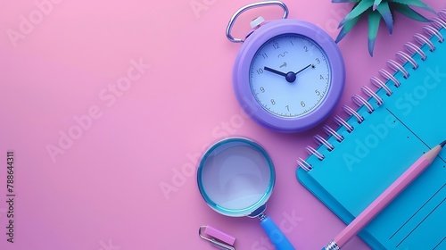 blue calendar with purple alarm clock wake-up time morning magnifying glass pencil isolated on pink background